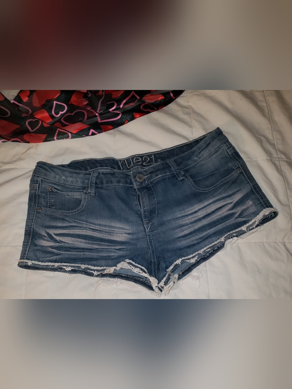 Rue21 Blue Distressed Denim Lace-Hem Shorts